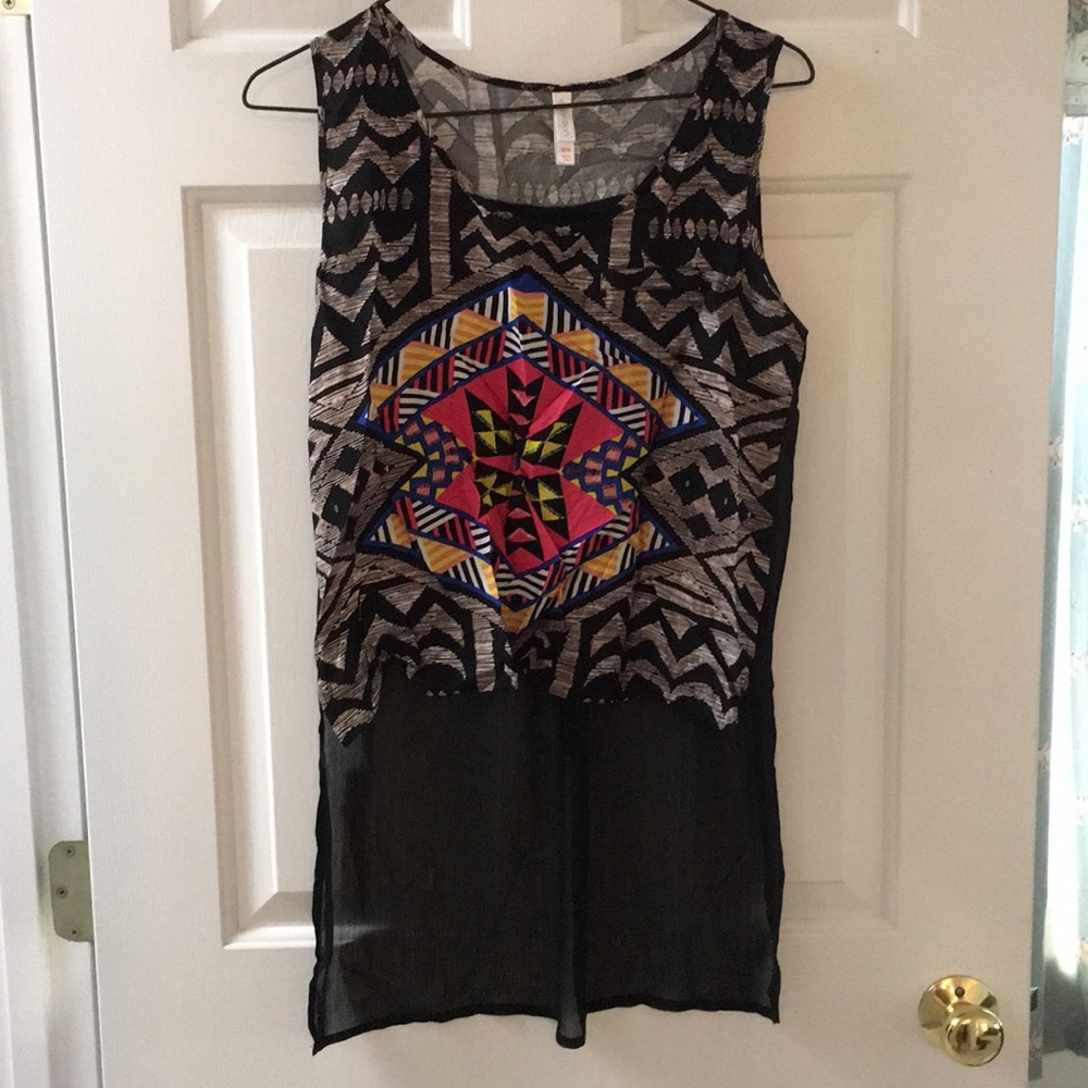 Graphic asymmetrical see through back tank top NWT
